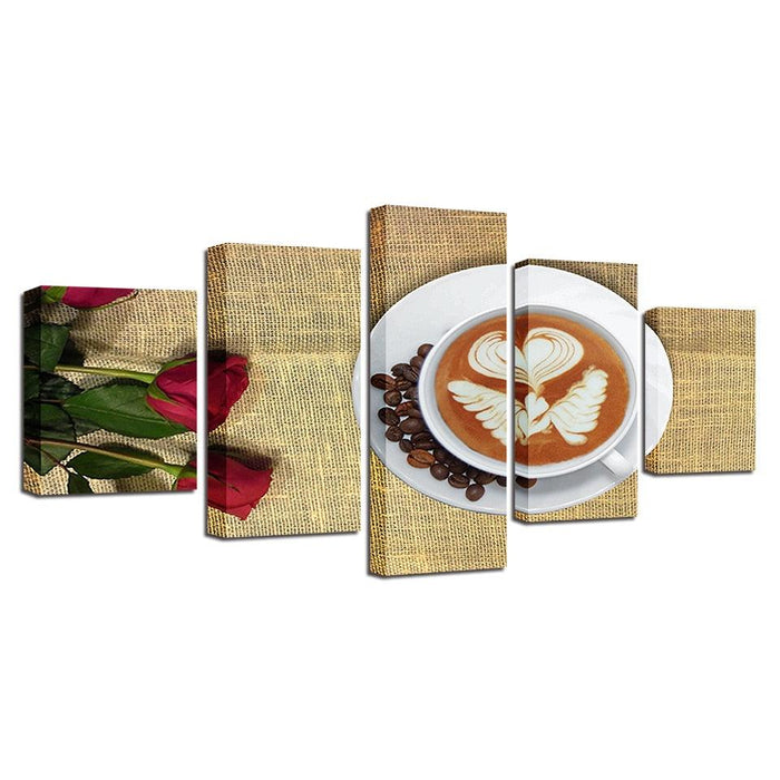 Coffee & Roses 5 Piece HD Multi Panel Canvas Wall Art Frame - Original Frame