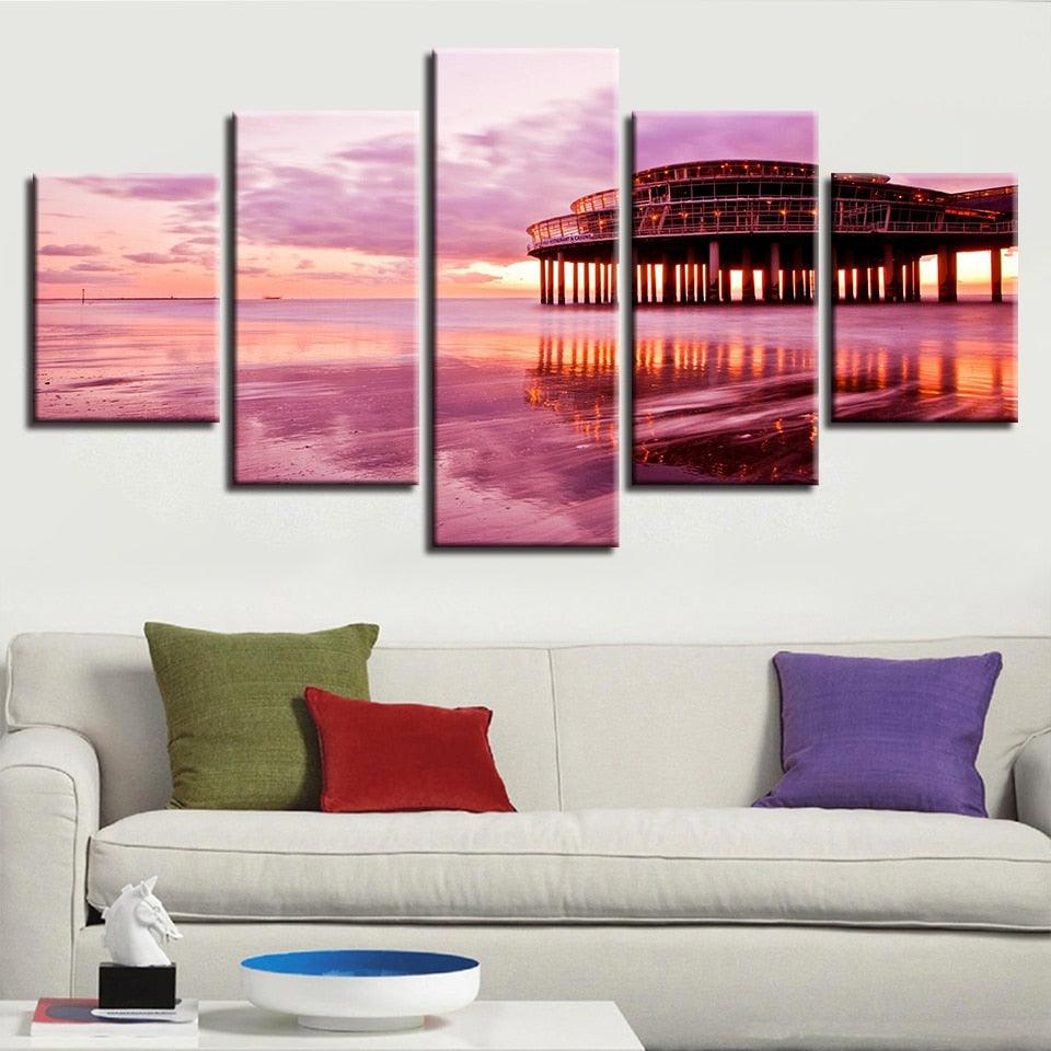 Pink Sunset Beach 5 Piece HD Multi Panel Canvas Wall Art - Original Frame