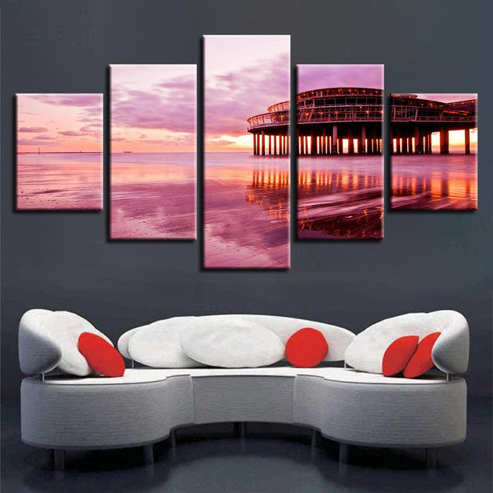 Pink Sunset Beach 5 Piece HD Multi Panel Canvas Wall Art - Original Frame