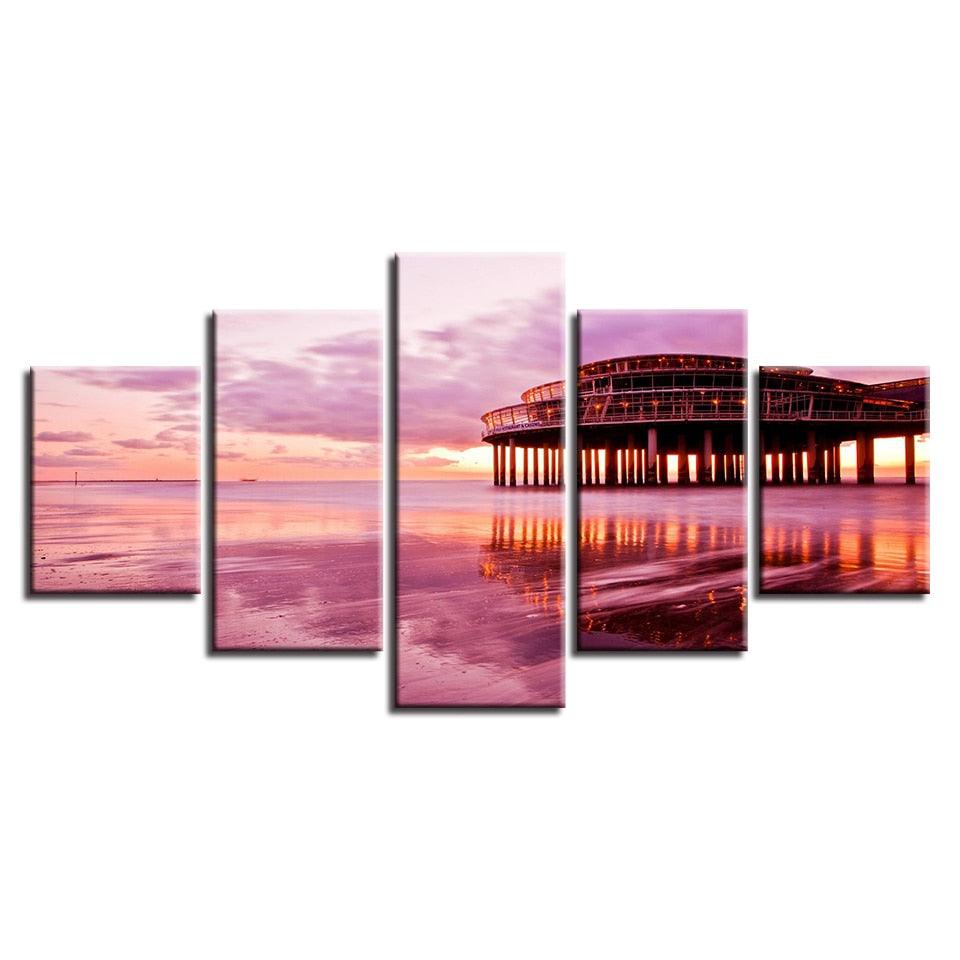 Pink Sunset Beach 5 Piece HD Multi Panel Canvas Wall Art - Original Frame