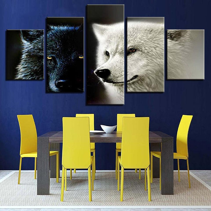 Animal Wolf Couple 5 Piece HD Multi Panel Canvas Wall Art Frame - Original Frame