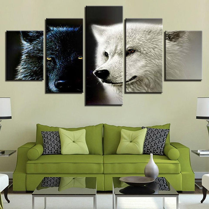 Animal Wolf Couple 5 Piece HD Multi Panel Canvas Wall Art Frame - Original Frame