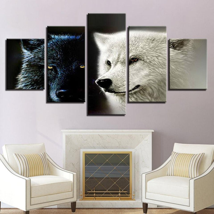 Animal Wolf Couple 5 Piece HD Multi Panel Canvas Wall Art Frame - Original Frame