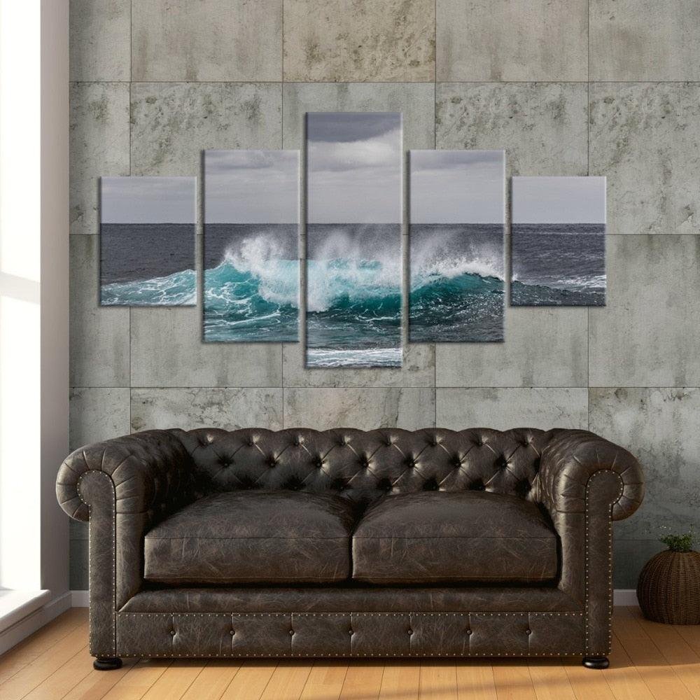 Ocean Waves 5 Piece HD Multi Panel Canvas Wall Art Frame - Original Frame