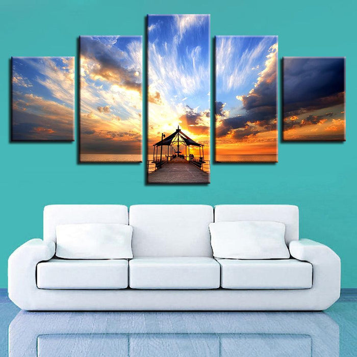 Dockside Sunrise Bridge 5 Piece HD Multi Panel Canvas Wall Art Frame - Original Frame