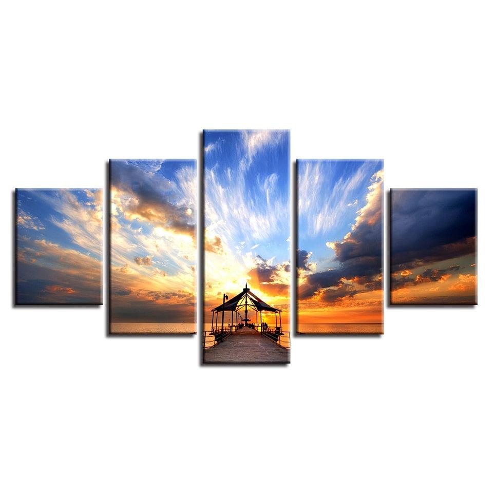 Dockside Sunrise Bridge 5 Piece HD Multi Panel Canvas Wall Art Frame - Original Frame