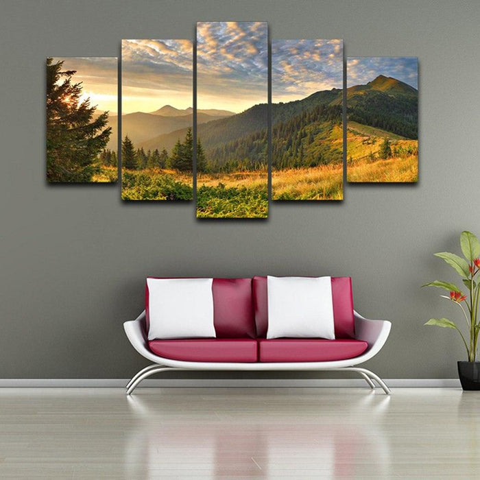 Sunset Mountain 5 Piece HD Multi Panel Canvas Wall Art Frame - Original Frame