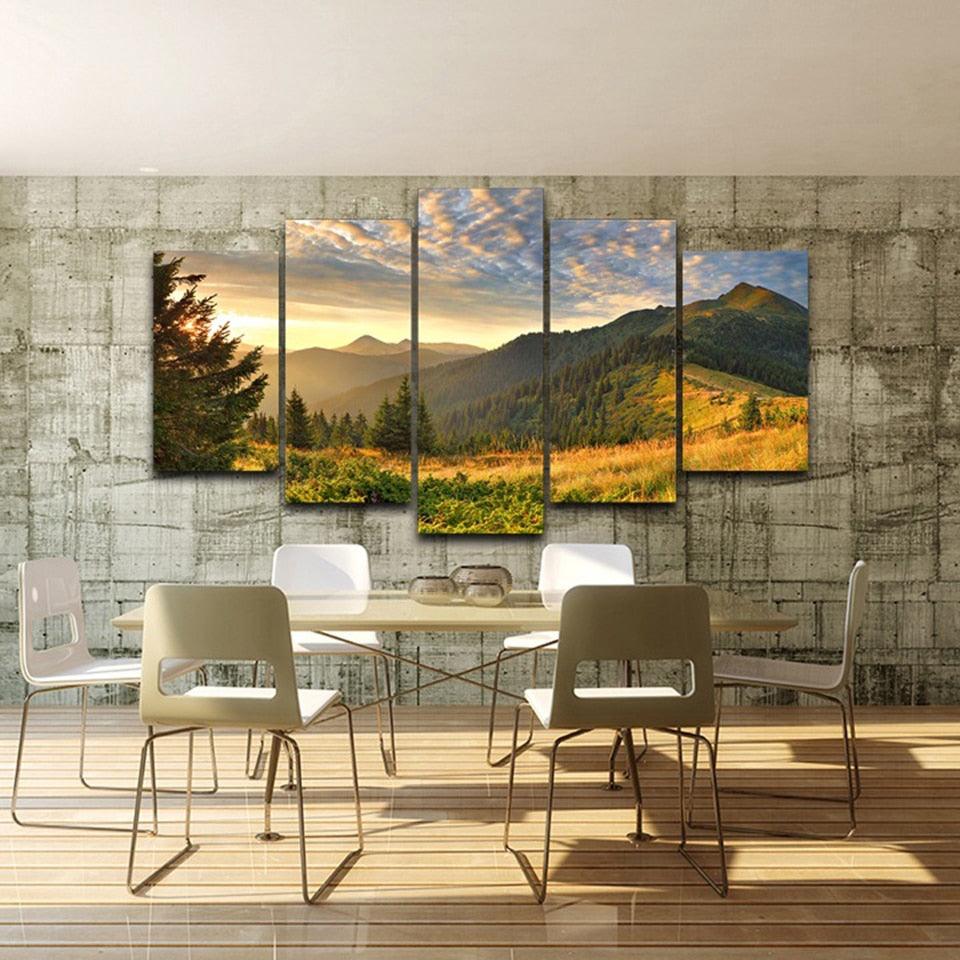 Sunset Mountain 5 Piece HD Multi Panel Canvas Wall Art Frame - Original Frame