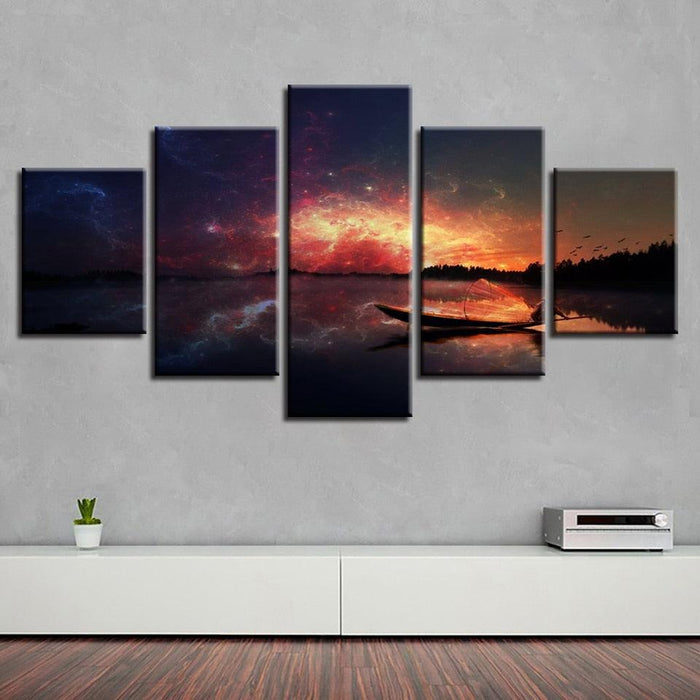 Fisherman Aurora Starry Lake 5 Piece HD Multi Panel Canvas Wall Art Frame - Original Frame