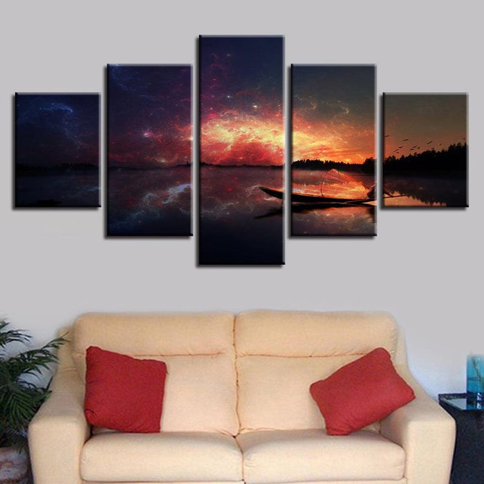 Fisherman Aurora Starry Lake 5 Piece HD Multi Panel Canvas Wall Art Frame - Original Frame