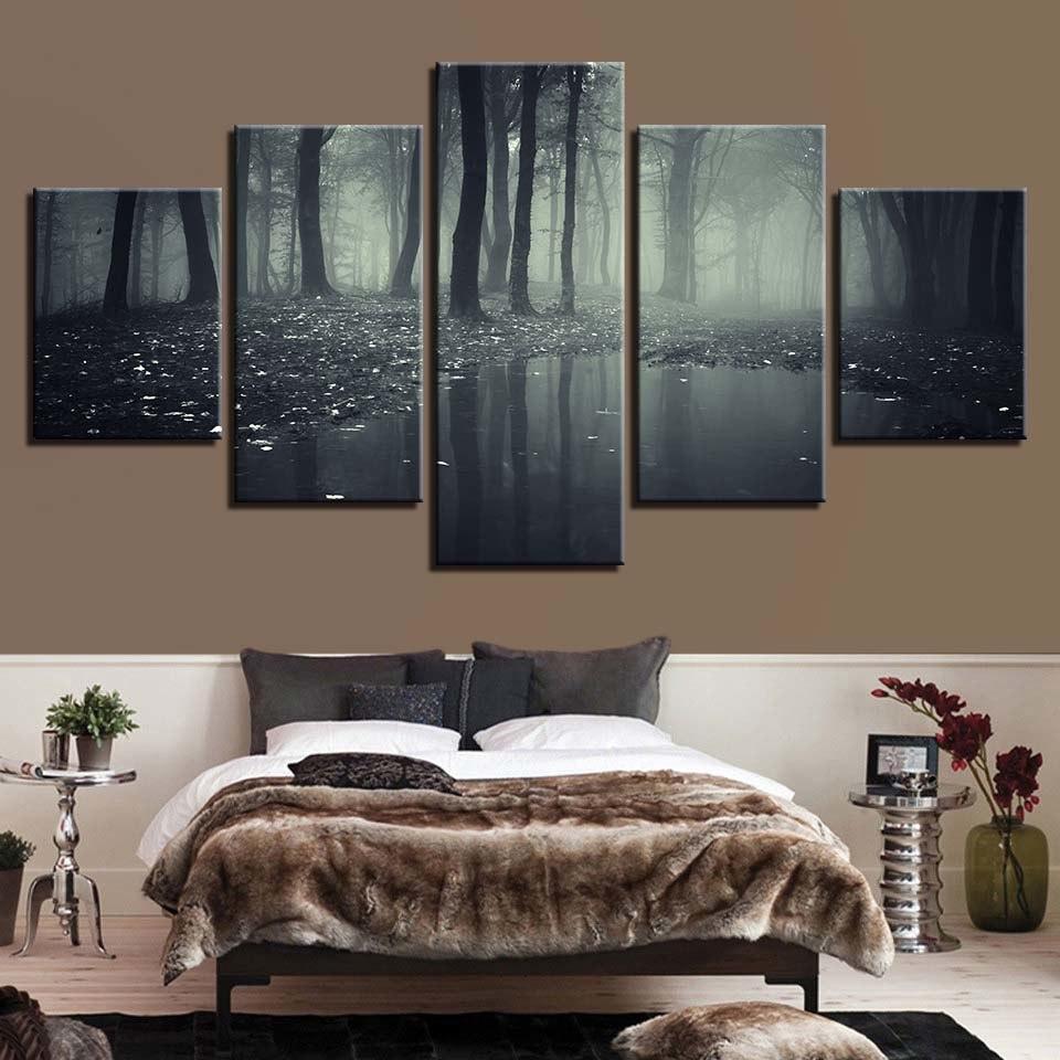 Misty Dark Forest 5 Piece HD Multi Panel Canvas Wall Art Frame - Original Frame