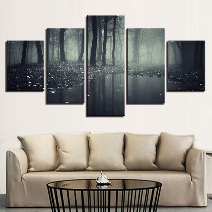 Misty Dark Forest 5 Piece HD Multi Panel Canvas Wall Art Frame