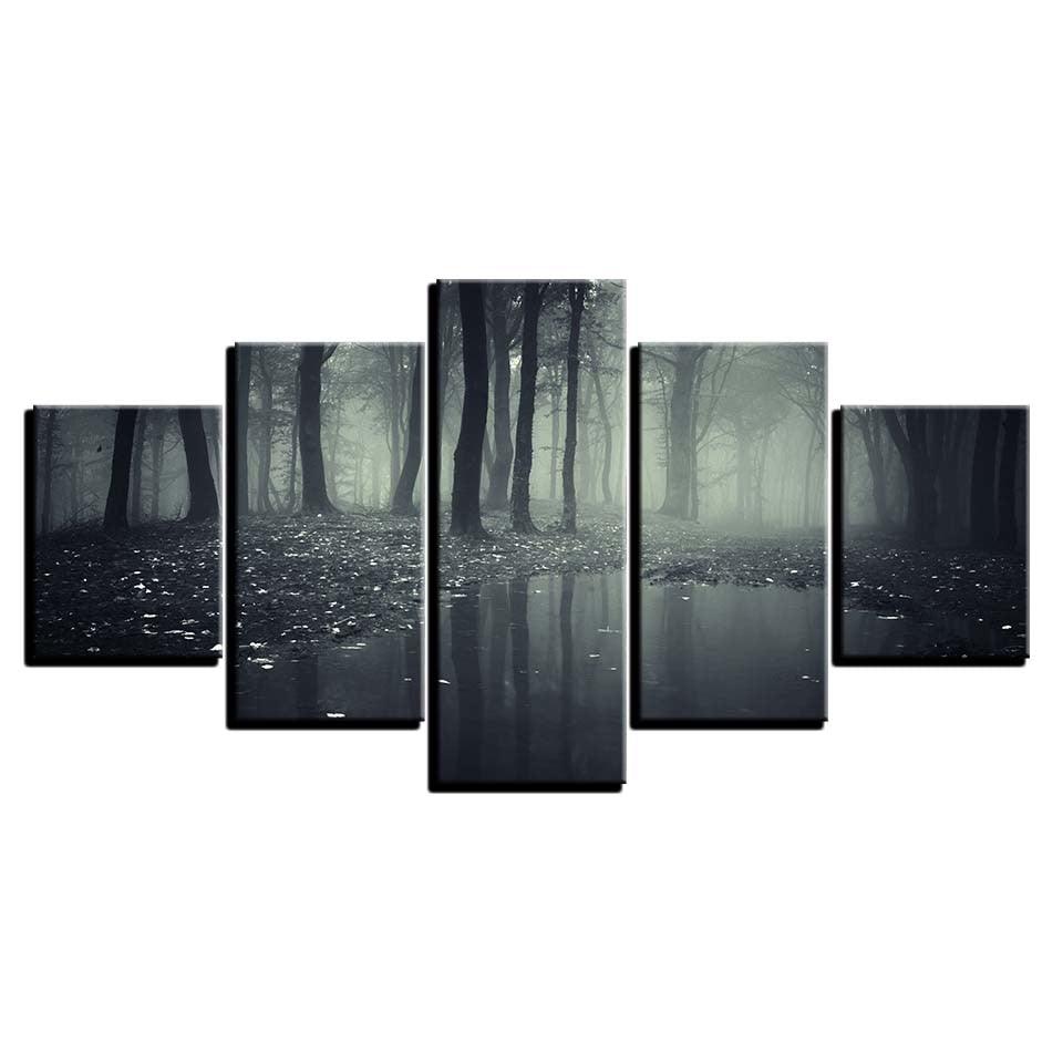 Misty Dark Forest 5 Piece HD Multi Panel Canvas Wall Art Frame - Original Frame