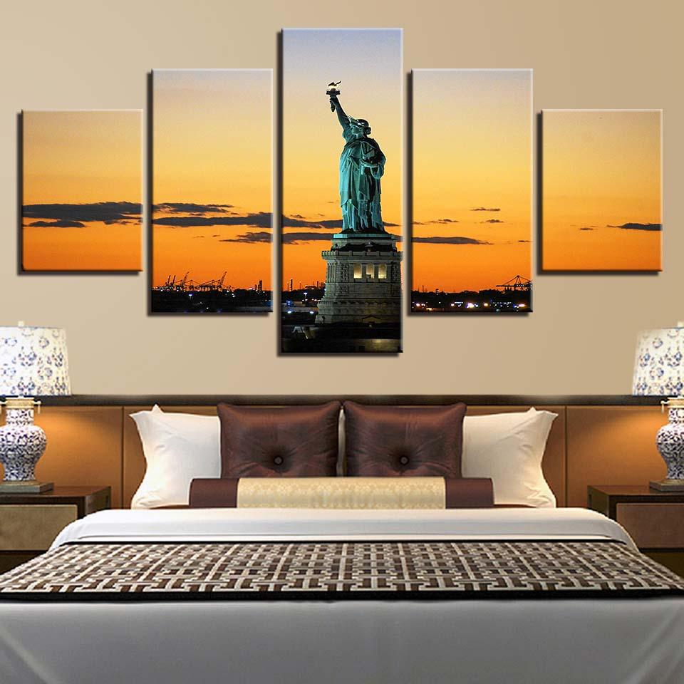 Statue of Liberty 5 Piece HD Multi Panel Landscape Canvas Wall Art Frame - Original Frame