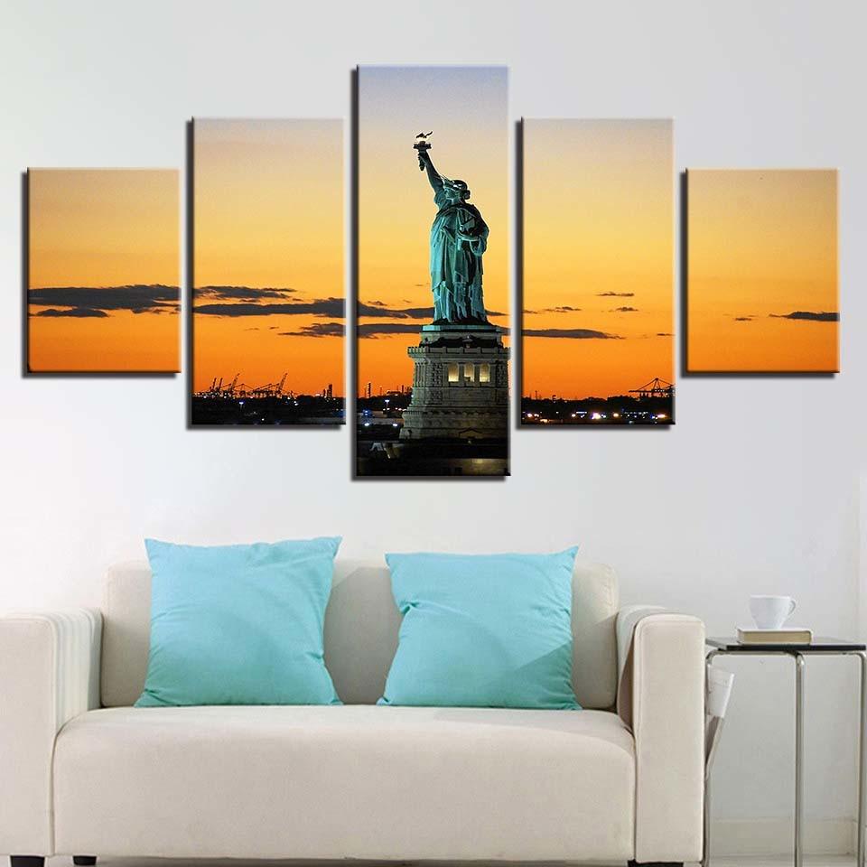 Statue of Liberty 5 Piece HD Multi Panel Landscape Canvas Wall Art Frame - Original Frame