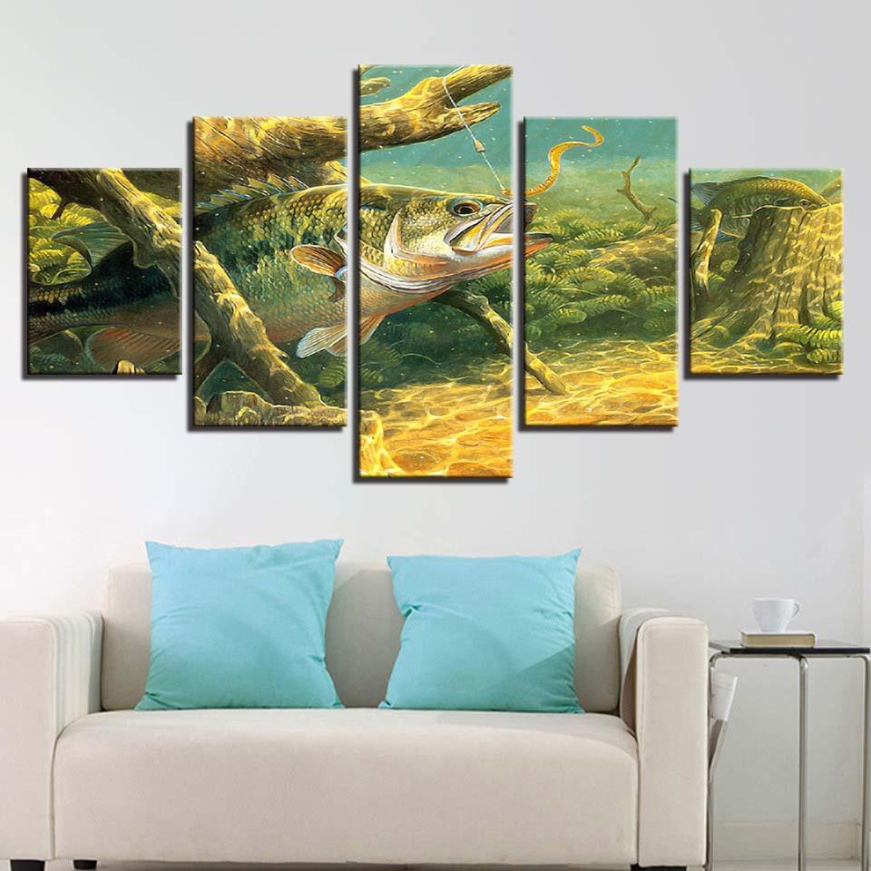 Wild Fish Under Water 5 Piece HD Multi Panel Canvas Wall Art Frame - Original Frame