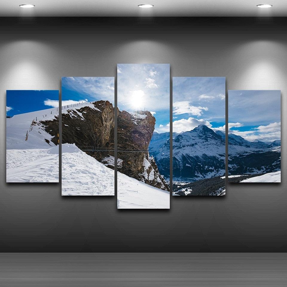 Snow Mountains 5 Piece HD Multi Panel Canvas Wall Art Frame - Original Frame