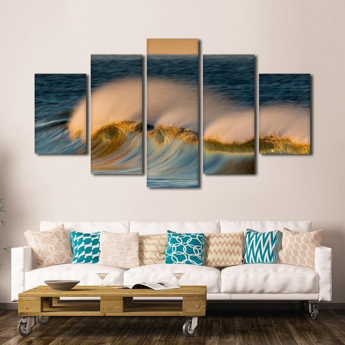 Waves Seascape 5 Piece HD Multi Panel Canvas Wall Art Frame - Original Frame