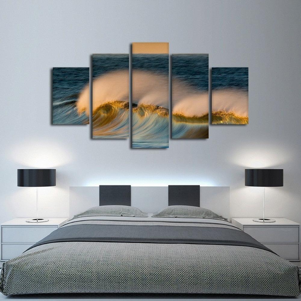 Waves Seascape 5 Piece HD Multi Panel Canvas Wall Art Frame - Original Frame