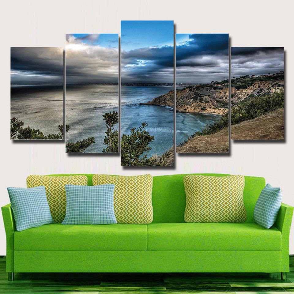 Blue Sea Mountains Landscape 5 Piece HD Multi Panel Canvas Wall Art Frame - Original Frame