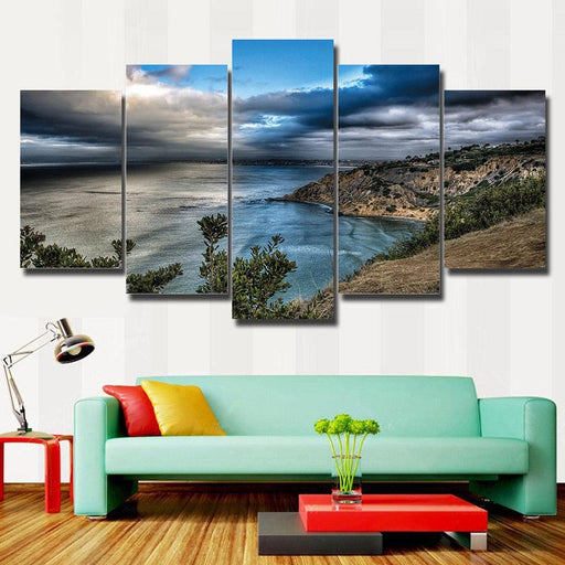 Blue Sea Mountains Landscape 5 Piece HD Multi Panel Canvas Wall Art Frame - Original Frame