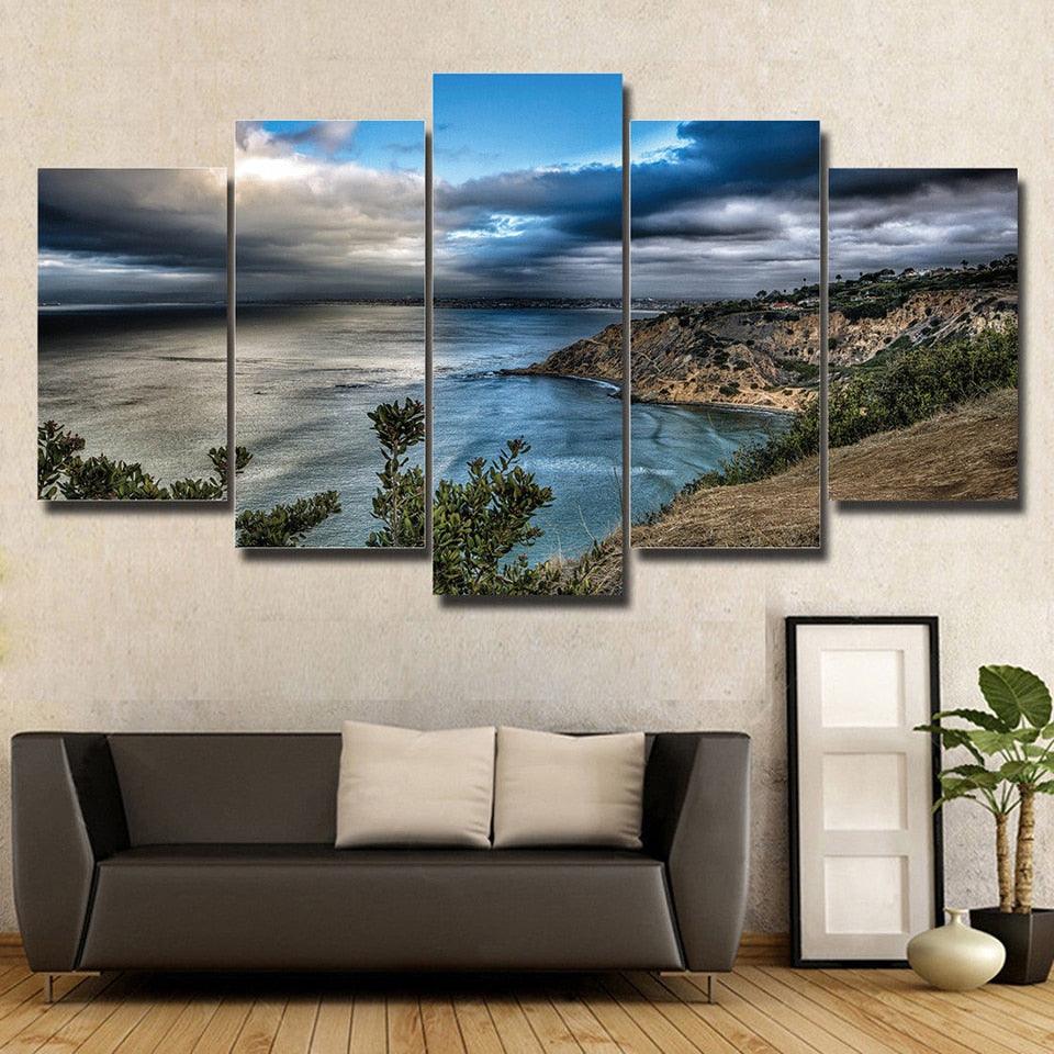 Blue Sea Mountains Landscape 5 Piece HD Multi Panel Canvas Wall Art Frame - Original Frame