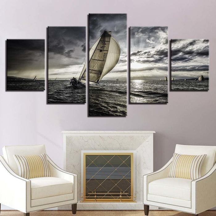 Classical Sailing Boat 5 Piece HD Multi Panel Canvas Wall Art Frame - Original Frame