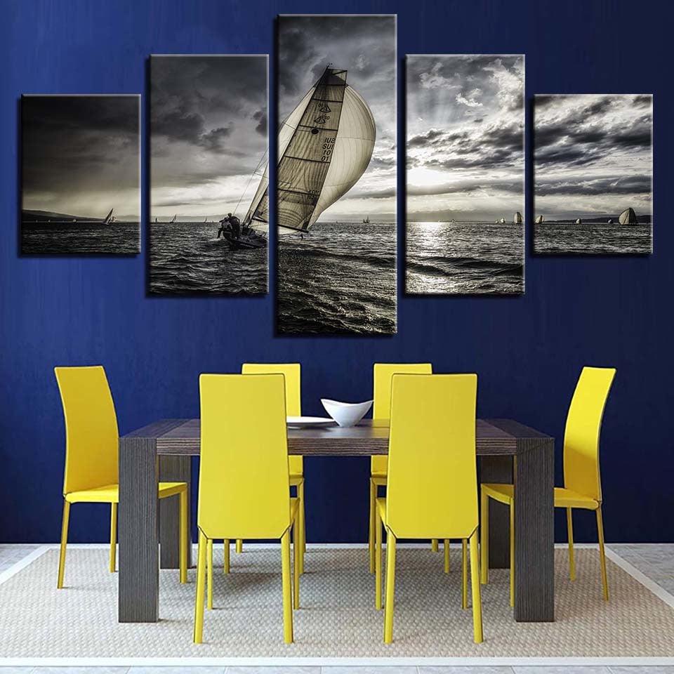Classical Sailing Boat 5 Piece HD Multi Panel Canvas Wall Art Frame - Original Frame