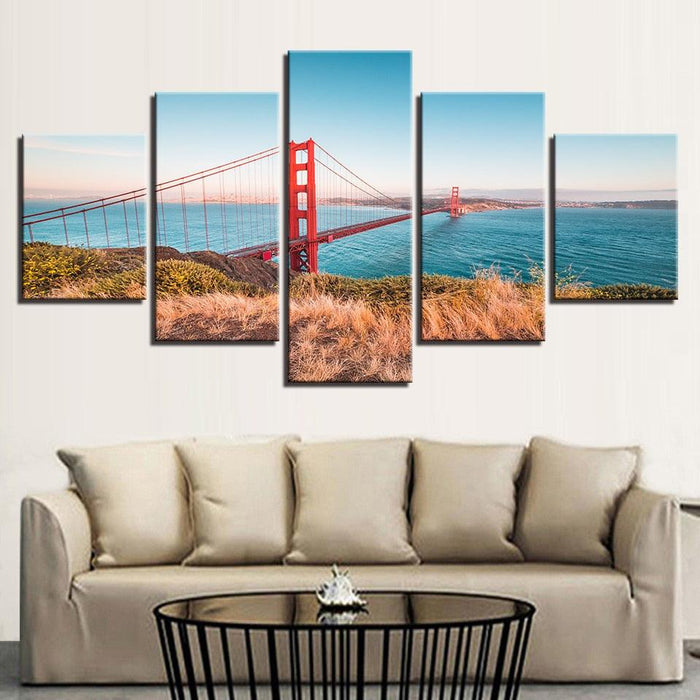 Classical Golden Gate Bridge 5 Piece HD Multi Panel Canvas Wall Art Frame - Original Frame