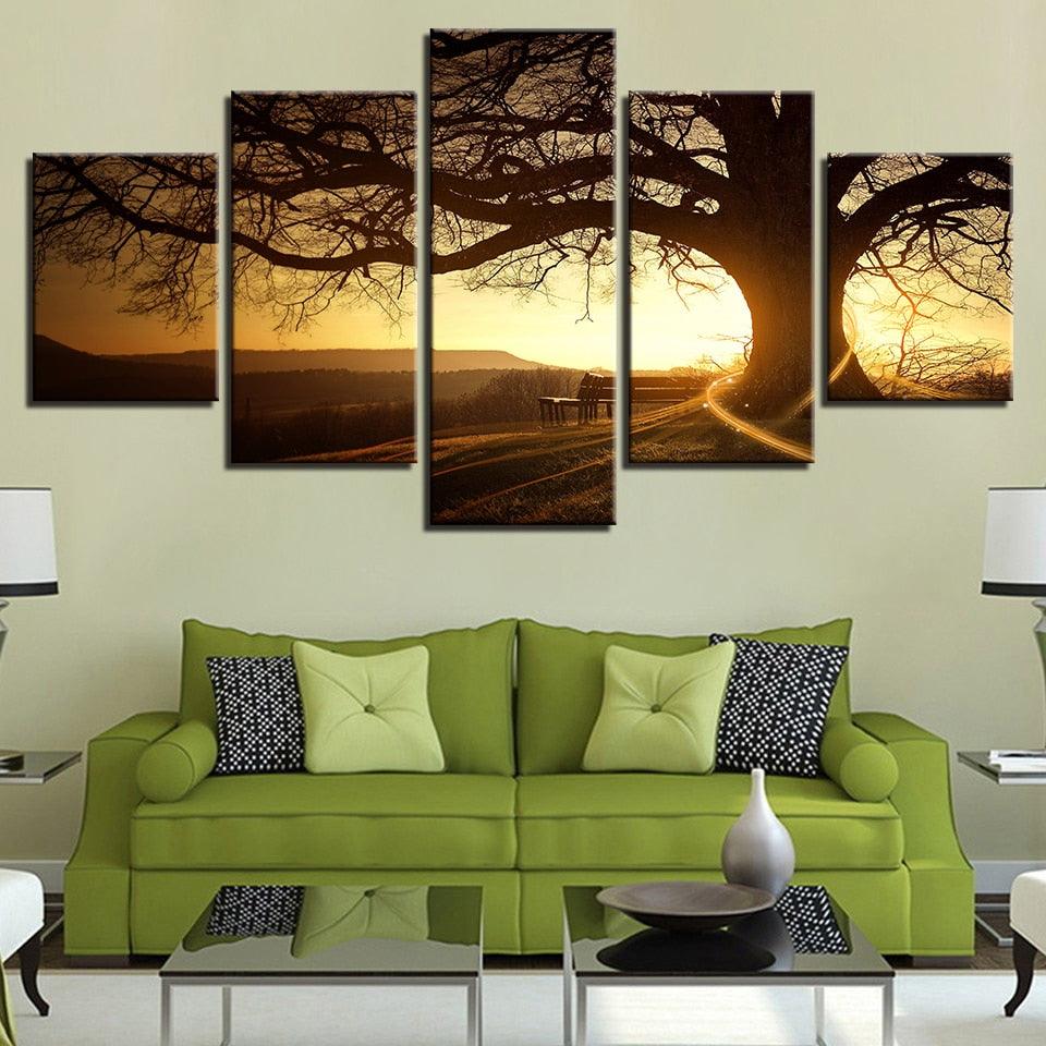 Big Tree Sunshine Scenery 5 Piece HD Multi Panel Canvas Wall Art Frame - Original Frame