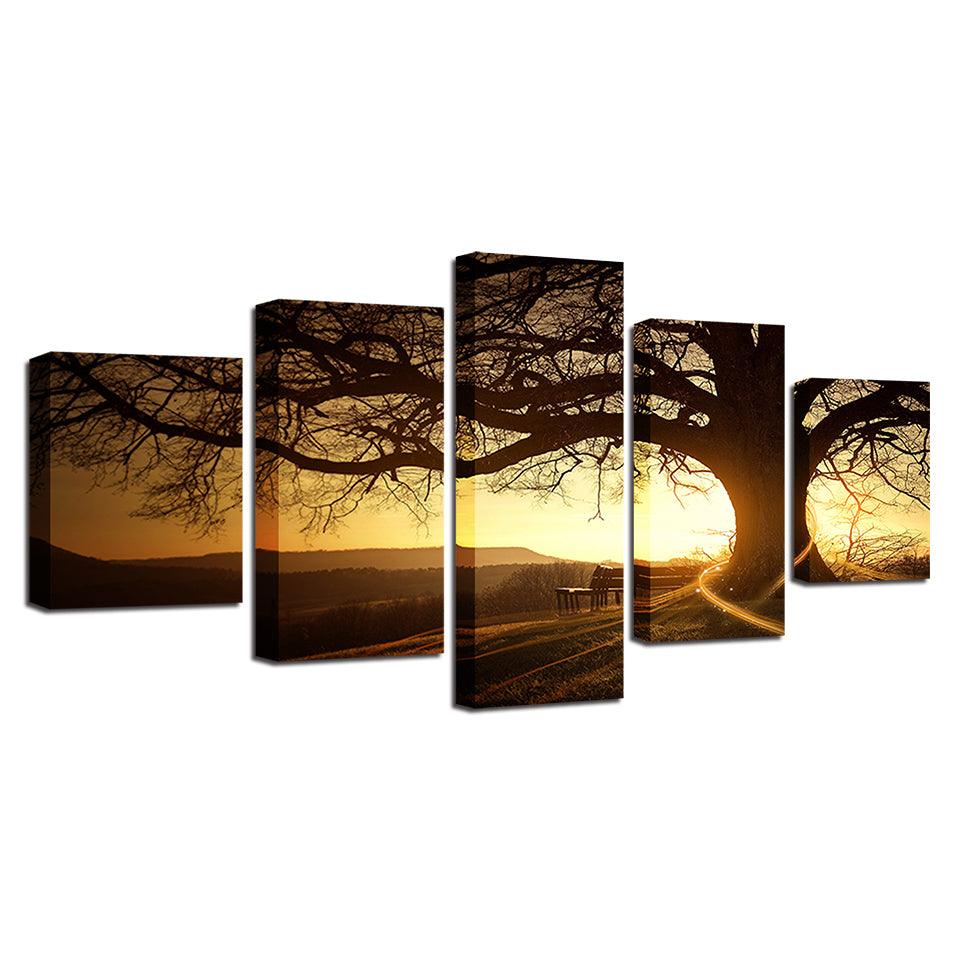 Big Tree Sunshine Scenery 5 Piece HD Multi Panel Canvas Wall Art Frame - Original Frame