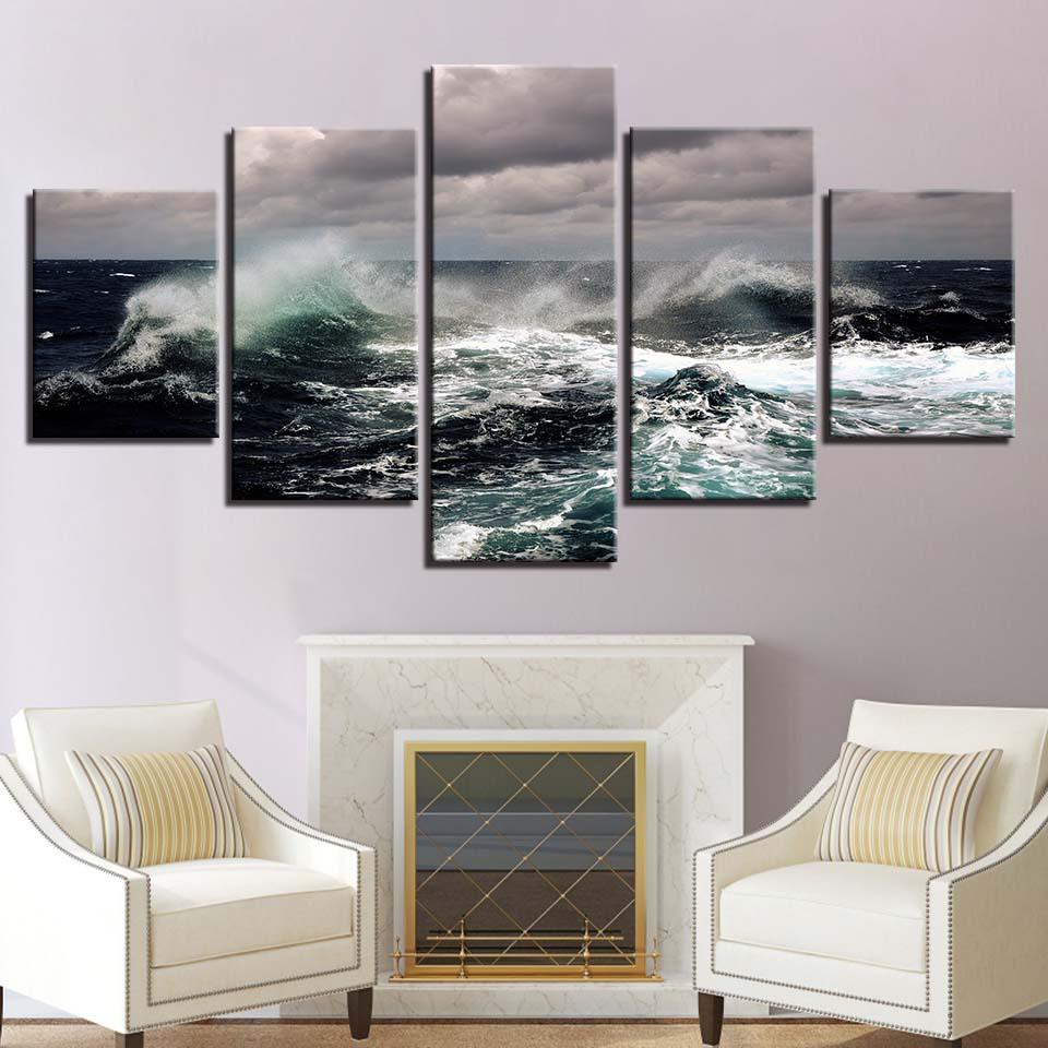 Fierce Sea Water Seascape 5 Piece HD Multi Panel Canvas Wall Art Frame - Original Frame