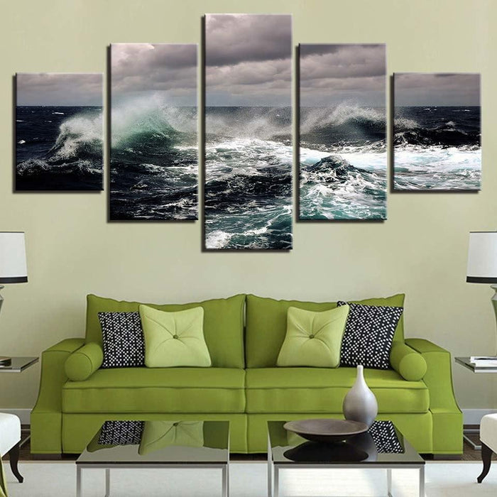 Fierce Sea Water Seascape 5 Piece HD Multi Panel Canvas Wall Art Frame - Original Frame