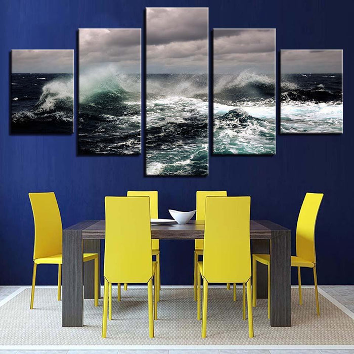 Fierce Sea Water Seascape 5 Piece HD Multi Panel Canvas Wall Art Frame - Original Frame