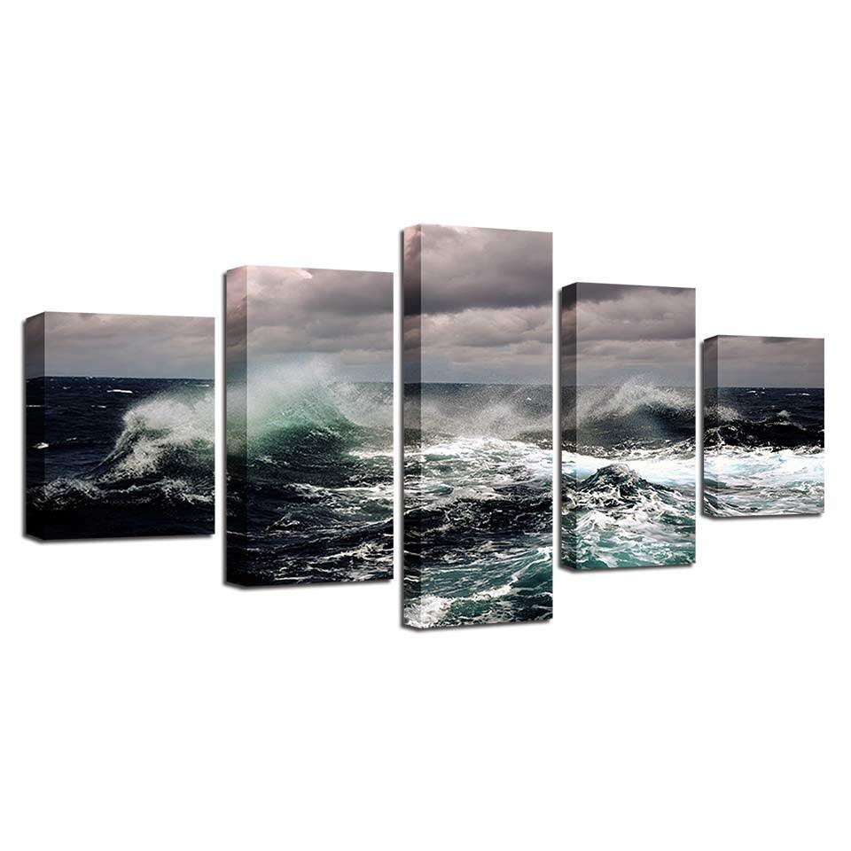 Fierce Sea Water Seascape 5 Piece HD Multi Panel Canvas Wall Art Frame - Original Frame