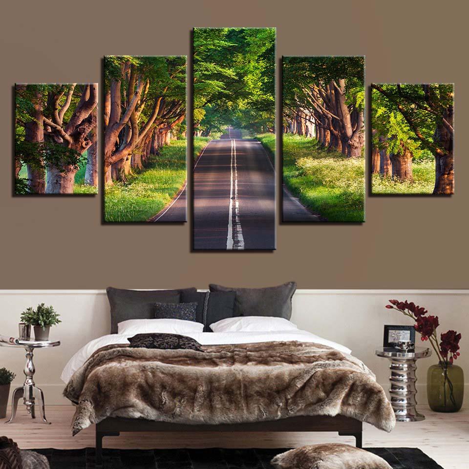 Roadside Green Trees 5 Piece HD Multi Panel Canvas Wall Art Frame - Original Frame