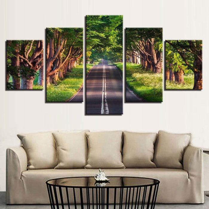 Roadside Green Trees 5 Piece HD Multi Panel Canvas Wall Art Frame - Original Frame