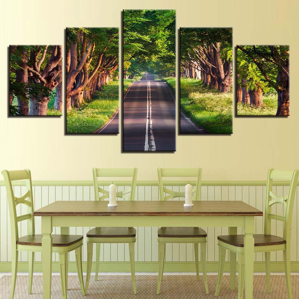 Roadside Green Trees 5 Piece HD Multi Panel Canvas Wall Art Frame - Original Frame