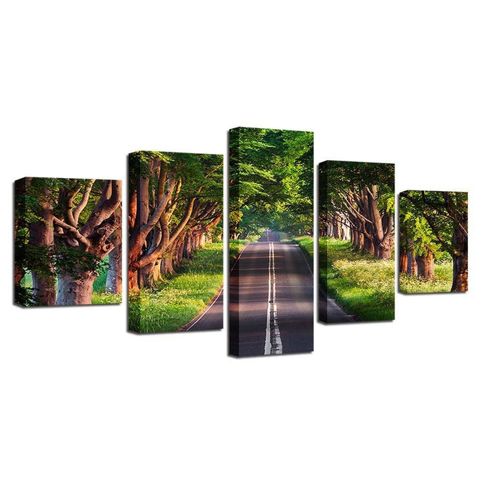 Roadside Green Trees 5 Piece HD Multi Panel Canvas Wall Art Frame - Original Frame