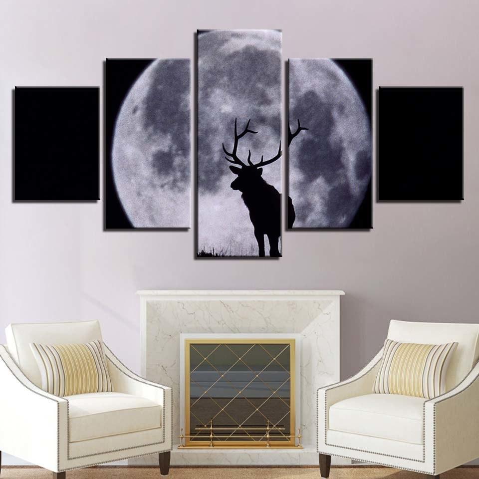 Moon And Elk 5 Piece HD Multi Panel Canvas Wall Art Frame - Original Frame