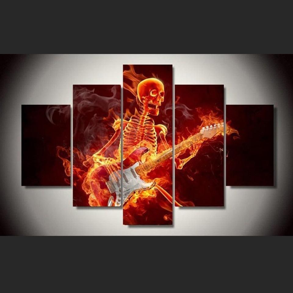 Skeletal Skull Playing Guitar 5 Piece HD Multi Panel Canvas Wall Art Frame - Original Frame