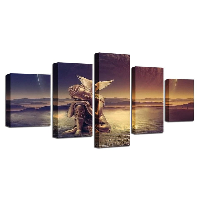 Golden Buddha 5 Piece HD Multi Panel Canvas Wall Art Frame - Original Frame