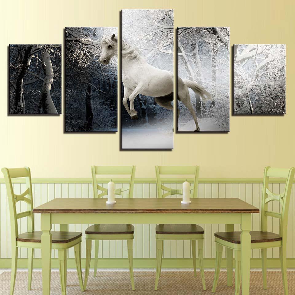 White Horse And Snow 5 Piece HD Multi Panel Canvas Wall Art Frame - Original Frame