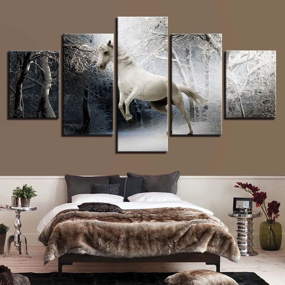 White Horse And Snow 5 Piece HD Multi Panel Canvas Wall Art Frame - Original Frame