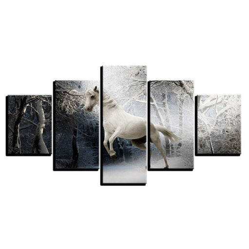 White Horse And Snow 5 Piece HD Multi Panel Canvas Wall Art Frame - Original Frame