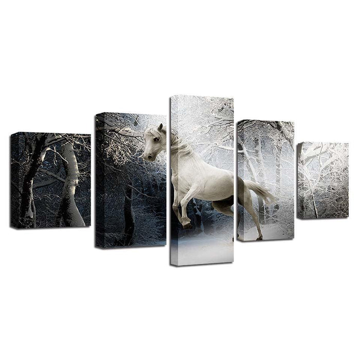 White Horse And Snow 5 Piece HD Multi Panel Canvas Wall Art Frame - Original Frame