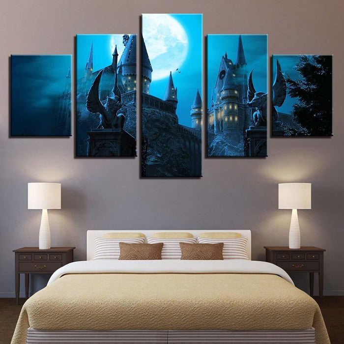 Castle Under The Moon 5 Piece HD Multi Panel Canvas Wall Art Frame - Original Frame