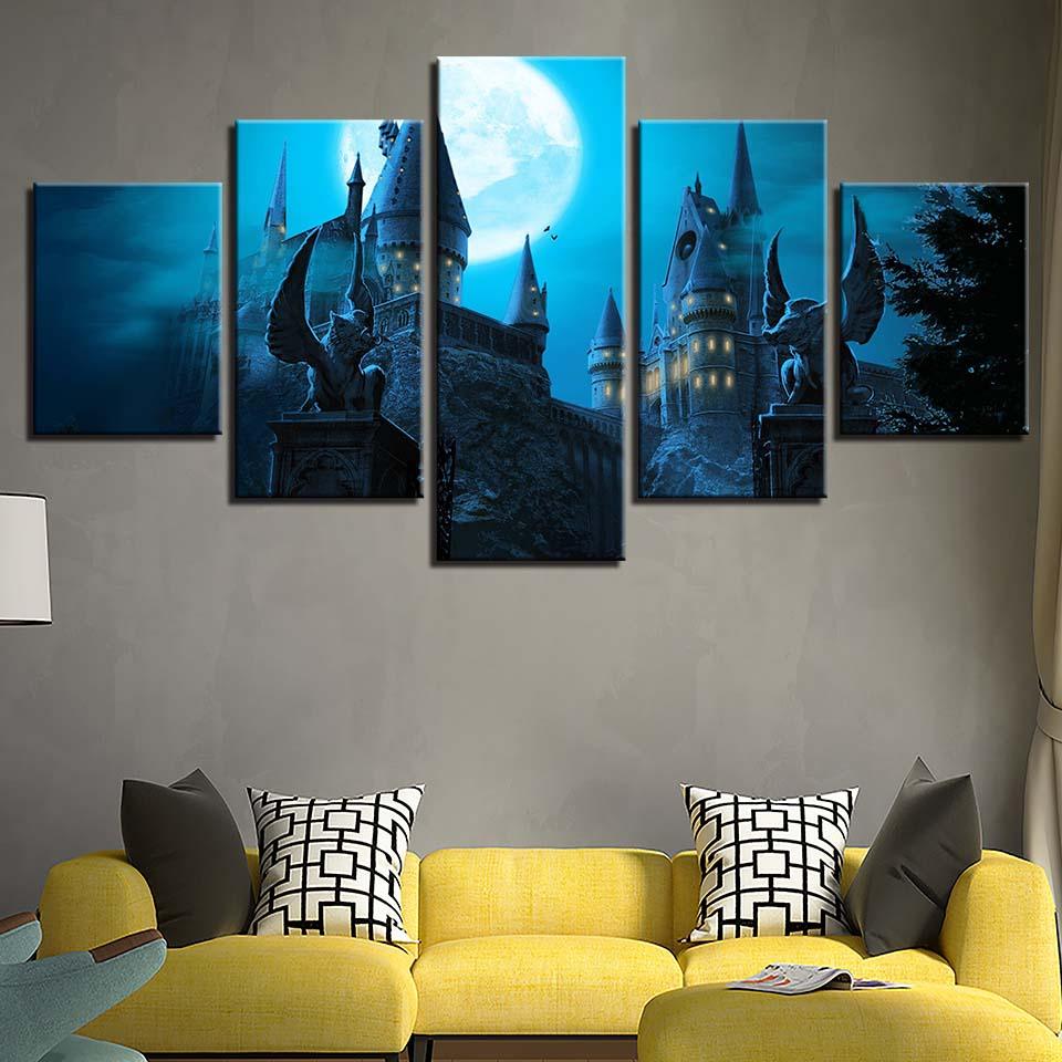 Castle Under The Moon 5 Piece HD Multi Panel Canvas Wall Art Frame - Original Frame
