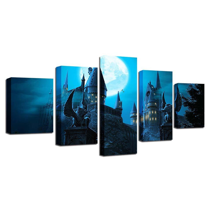 Castle Under The Moon 5 Piece HD Multi Panel Canvas Wall Art Frame - Original Frame