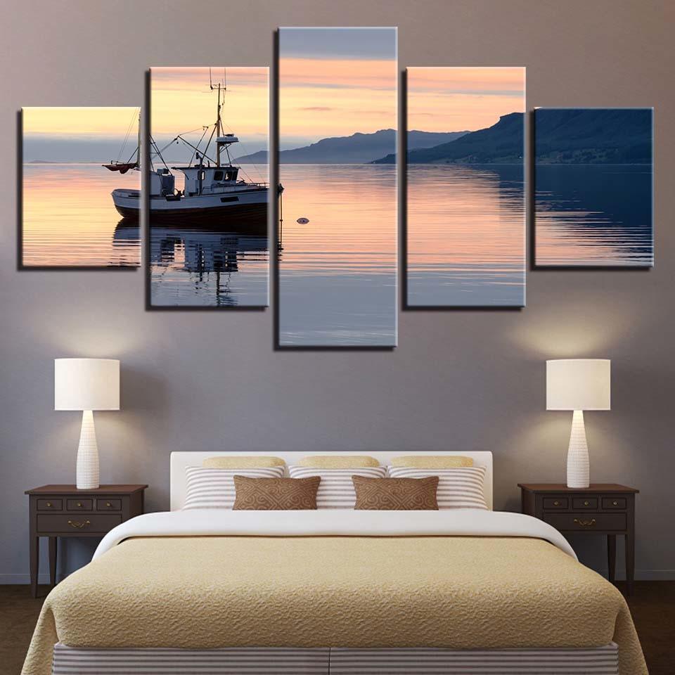 Ship and Mountain Sunrise Seascape 5 Piece HD Multi Panel Canvas Wall Art Frame - Original Frame